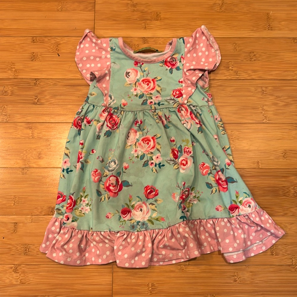 Cute Blue Toddler Dress with Rose Pattern, size 2T - 3T